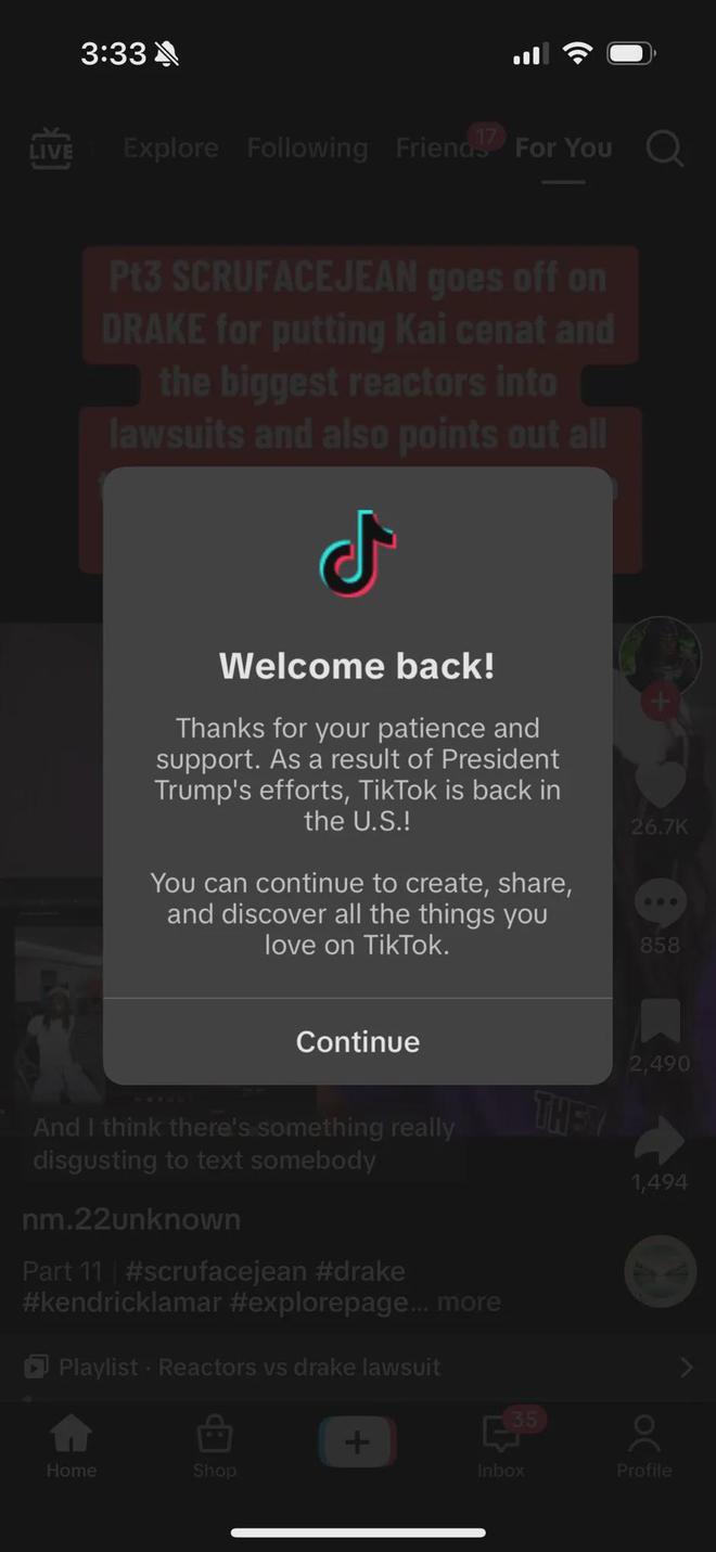 TikTok恢復(fù)對美國用戶的服務(wù)
